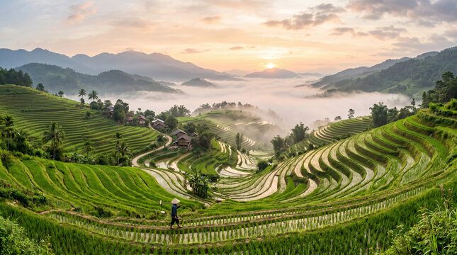 Serene rice terraces at sunrise in lush mountains