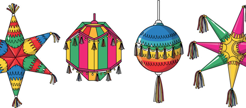 Colorful Pi&ntilde;ata Collection with Star and Round Shapes Festive Party Decorations for Mexican Fiesta, Birthday Events, and Celebration Vector Design
