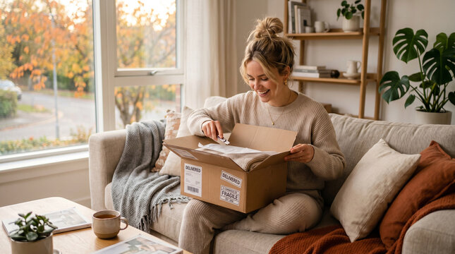 Joyful woman unpacking package on cozy sofa
