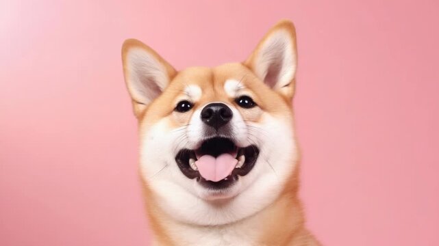 A joyful shiba inu puppy with its mouth open wide, displaying a happy expression on a bright pink background.