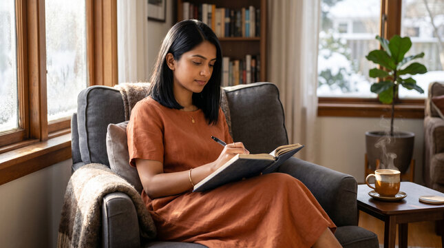 Young woman reading and writing in cozy living room