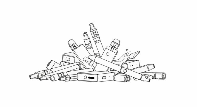 Pile of electronic cigarettes and vaping devices in a chaotic heap