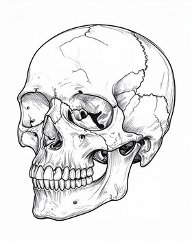 A detailed illustration of a human skull with cracks and fractures