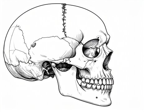 Detailed illustration of a human skull with visible sutures and teeth