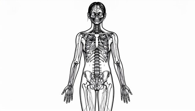 Human female skeleton body anatomy illustration in black and white
