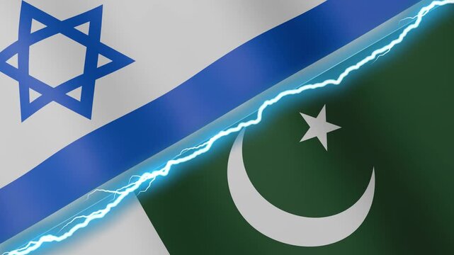 Two waving flags Israel and Pakistan with diagonal lightning seamless, 4k loop