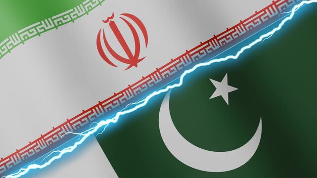 Two waving flags Iran and Pakistan with diagonal lightning seamless, 4k loop