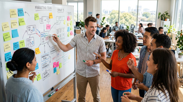 Team collaboration during marketing planning session in office