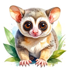 Fototapeta premium Adorable, cartoon-style depiction of a small primate with large, expressive eyes, surrounded by vibrant green foliage