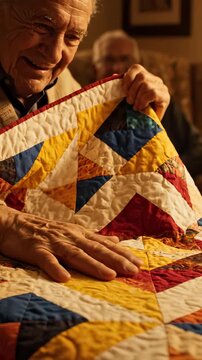Elderly man showcases colorful quilt art. He gently touches vibrant patterns, sharing stories with family. Warm atmosphere captures love and nostalgia. Perfect for family, home, and tradition themes.