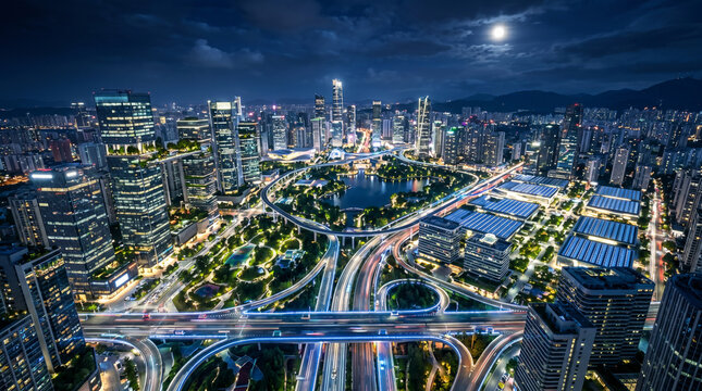 Night Skyline of Modern City with Illuminated Skyscrapers