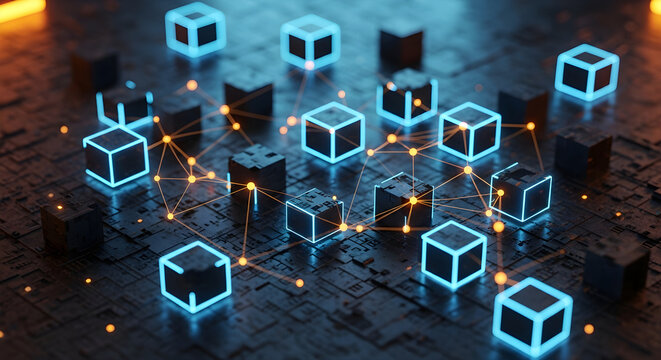 Abstract digital network of interconnected glowing data blocks representing blockchain technology and decentralized information systems