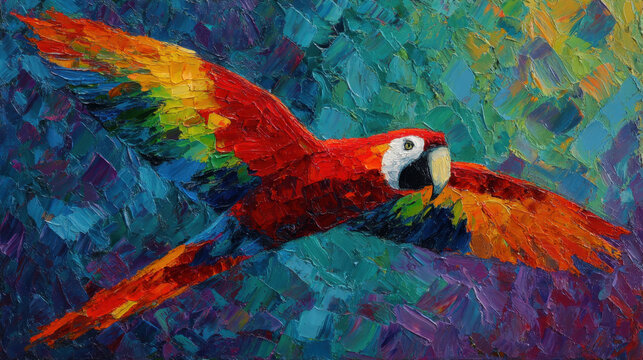 A vibrant, dynamic painting in an expressive, expressionistic art style features a scarlet macaw parrot (Ara macao) in mid-flight. 