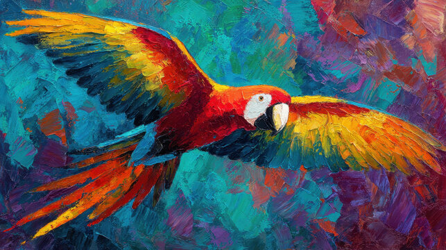 Oil painting of a flying macaw on abstract textured background.