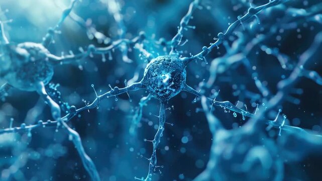 A microscopic view of a neuron's neural network showcasing synapses and dendrites against a blue background.