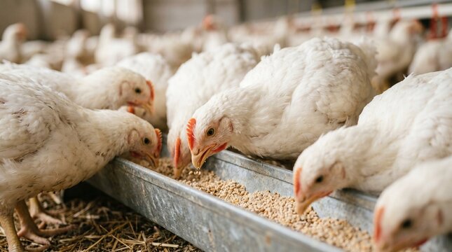 Broiler chickens eating feed from a trough on a farm, close-up