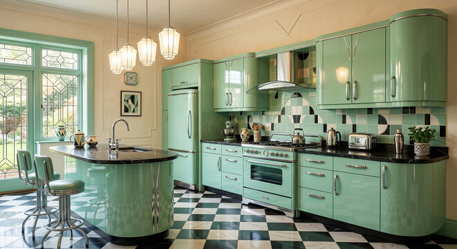 A 1930s Art Deco kitchen. Geometric black and white checkered marble floors. Curved cabinetry with chrome handles and mint green lacquer finish. Streamlined architectural lines, frosted glass pendant 