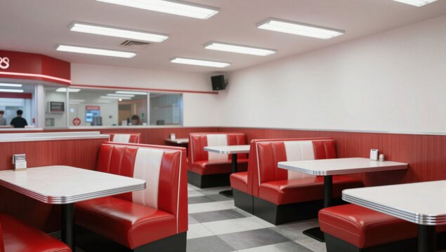 Retro diner interior with red vinyl booths and white tables