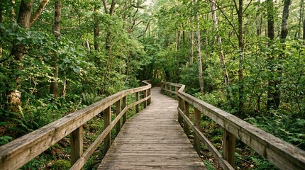 Fototapeta premium Wooden Boardwalk Path Through Lush Green Forest - Nature Trail