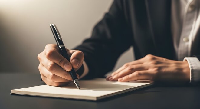 Closeup of a person in a suit writing with a black pen on a blank notebook page on a dark desk