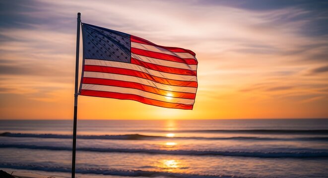 American Flag Waving at Sunset Over Ocean &ndash; Patriotic USA Background