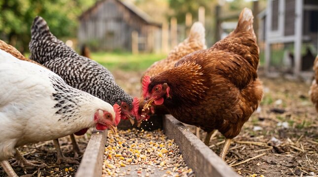 Free-range chickens eating grain from a wooden feeder in a rustic farmyard