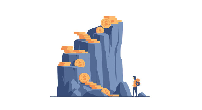 Person Climbing Financial Growth Mountain with Cash and Coins Illustration