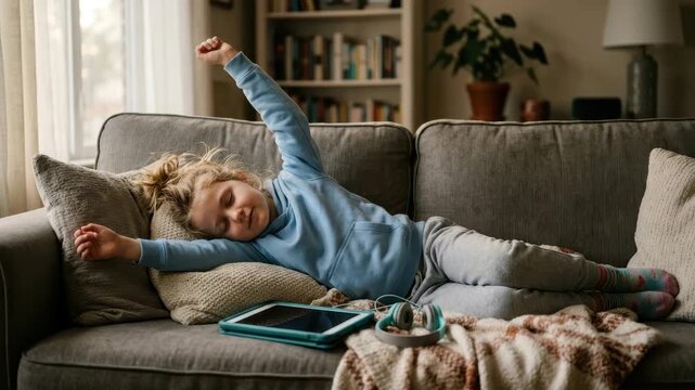 Young girl stretches her arm, waking up from a nap on a sofa in a bright living room