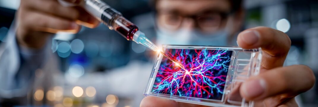 Gloved scientist applying a blood sample to a glowing microfluidic biochip in a modern lab