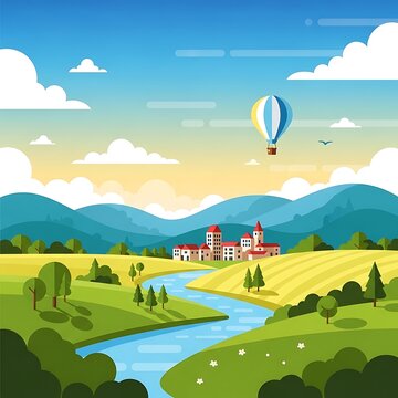 A picturesque landscape, featuring a river, rolling hills, and a classic building with a hot air balloon floating above it