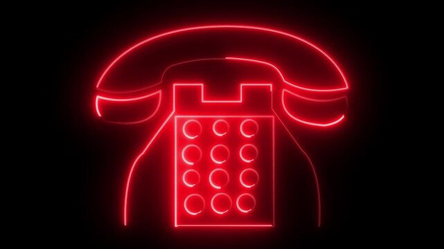 Telephone icon rendered with red neon light illuminates the dark void to signify modern communication channels and digital connectivity tools for businesses seeking high contrast visual graphic.
