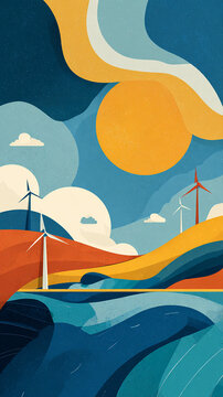 Vibrant Abstract Renewable Energy Landscape with Wind Turbines and Sun in Retro Style Illustrating Sustainable Future Concepts