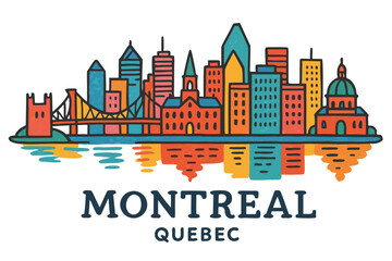 Obraz premium Montreal cityscape with iconic buildings and bridge reflected in water, vector illustration