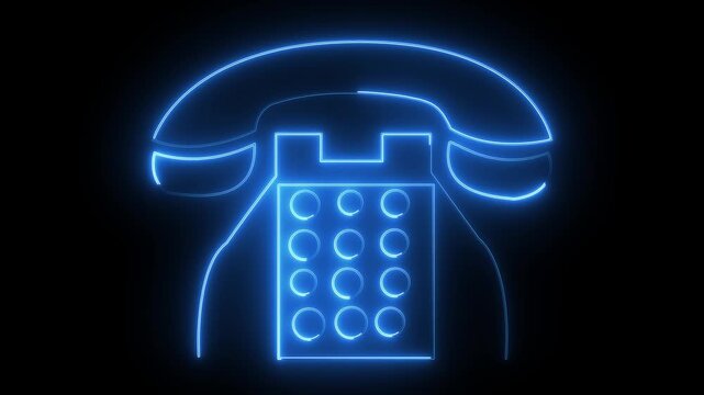 Telephone icon rendered with blue neon light illuminates the dark void to signify modern communication channels and digital connectivity tools for businesses seeking high contrast visual graphic.