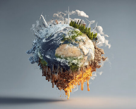 Conceptual Illustration of Climate Change Impact on Earth with Melting Polar Ice, Deforestation, Urbanization, and Renewable Energy Symbolism