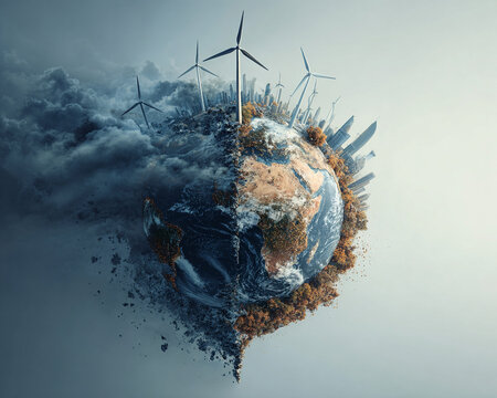 Surreal Planet Earth with Wind Turbines and City Skyline Representing Sustainable Energy vs Environmental Decay and Pollution Conceptual Image