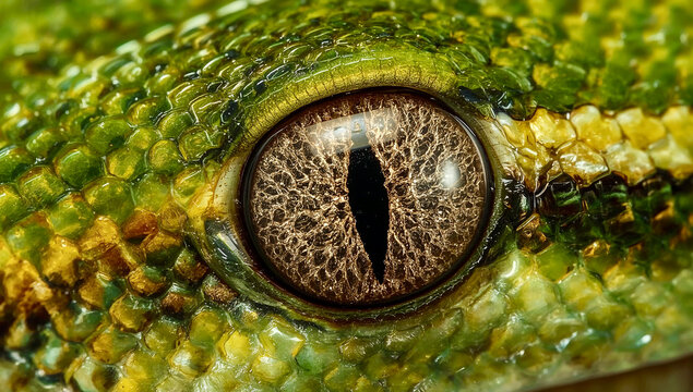Extreme macro close-up of a vibrant green reptile eye with vertical slit pupil and detailed scales