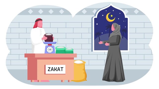 Couple calculating their Zakat Money together animation, Sharing Blessing in Night of Charity animated video, Ramadan and Eid al-Fitr clip, Muslim fasting month footage, Arabic holiday motion graphics