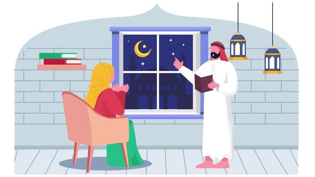 Fathers Wisdom Sharing Islamic Teachings with His Daughter animation, Saudi Man Gesturing to wife animated video, ramadan Eid al-Fitr clip, Muslim fasting month footage, Arabic holiday motion graphics