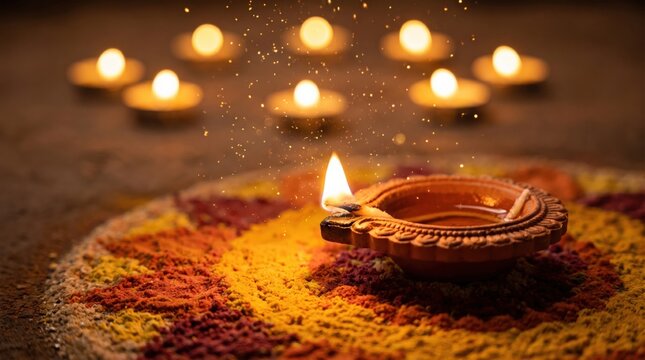 Traditional handmade clay diya on colorful sand rangoli for Deepavali festival celebration