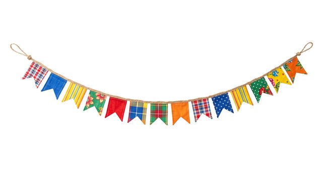 A colorful banner with various patterned flags on a black background