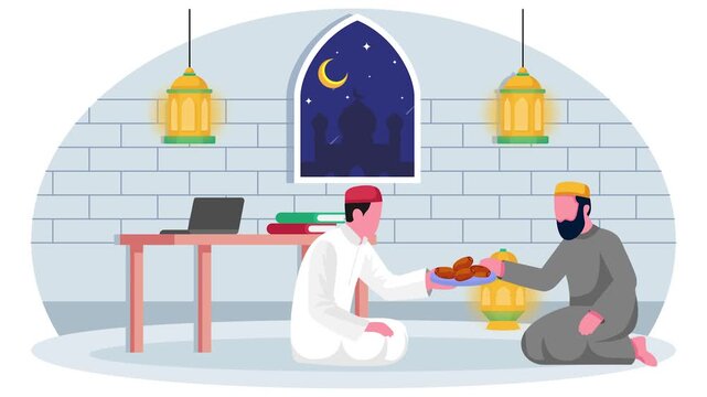 Muslim Sitting on Floor with Dates Meals animation, Sharing Stories After eftar animated video, observing ramadan Eid al-Fitr clip, Muslim fasting month footage, Arabic holiday motion graphics