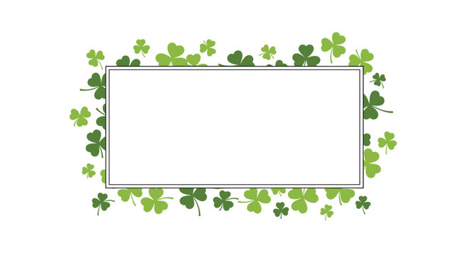 Rectangular frame is beautifully bordered by various green three leaf clover and shamrock icons on a white background for design.