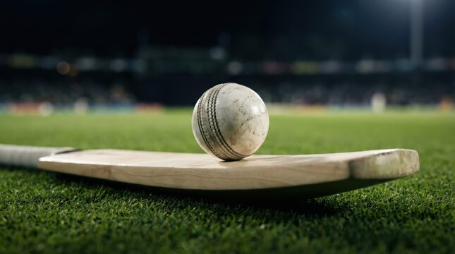 Professional white cricket ball on wooden bat at night stadium for T20 tournament