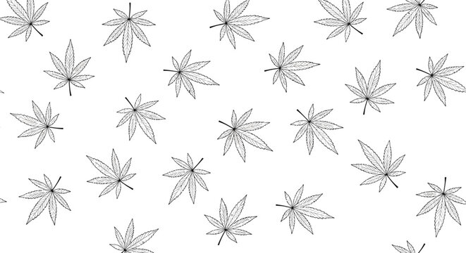 Artistic black and white pattern features hand-drawn cannabis leaves scattered randomly with a grainy texture on a plain background.