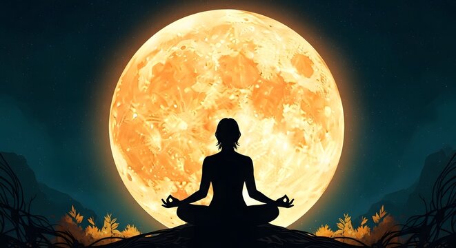 Woman Meditating Under Full Moonlight on Mountain Peak