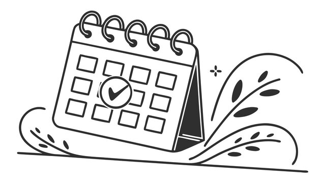 A simple black and white illustration of a calendar with a checkmark on it, surrounded by decorative leaves and water splashes.