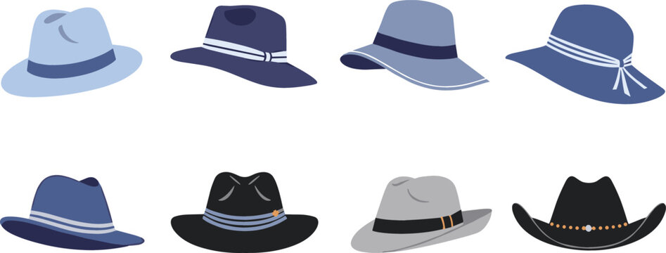 Wide Brim Hat Icon Set Featuring Summer Sun Hats, Fedora and Cowboy Styles for Fashion, Accessories, and Apparel Flat Vector Illustration