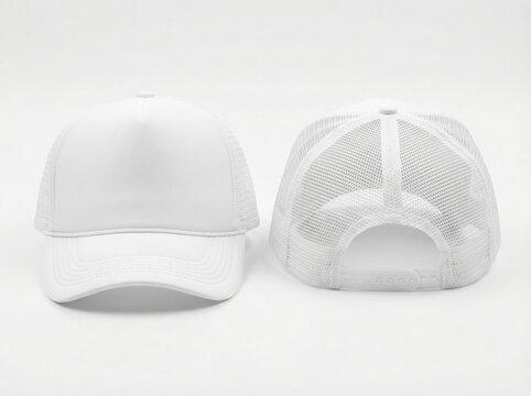 Blank white trucker hat mockup set with front and back view, mesh snapback baseball cap template for branding and custom logo design isolated on white background