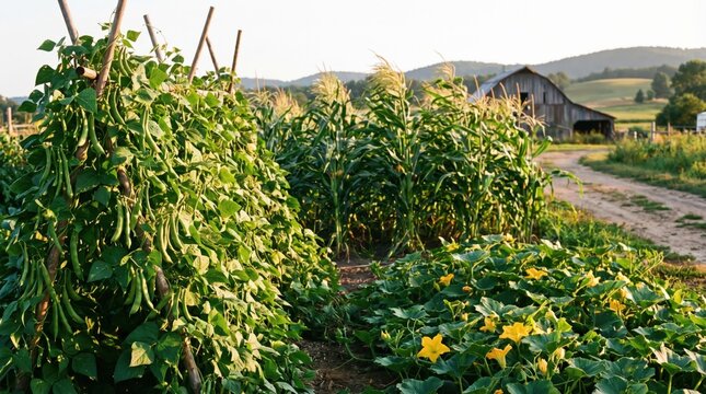 Sustainable Three Sisters companion planting garden with corn pole beans and squash on a rural farm